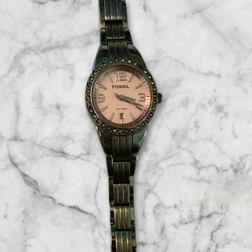 Fossil Pink Dial Crystal Bezel Stainless Steel Quartz Women’s Watch